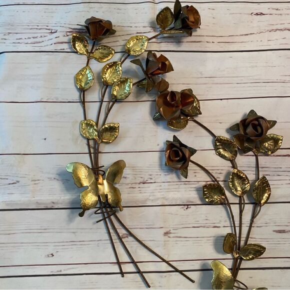 2 Vintage Homco Gold Tone Metal Rose and Leaf Wall Hanging Spray - Picture 3 of 7
